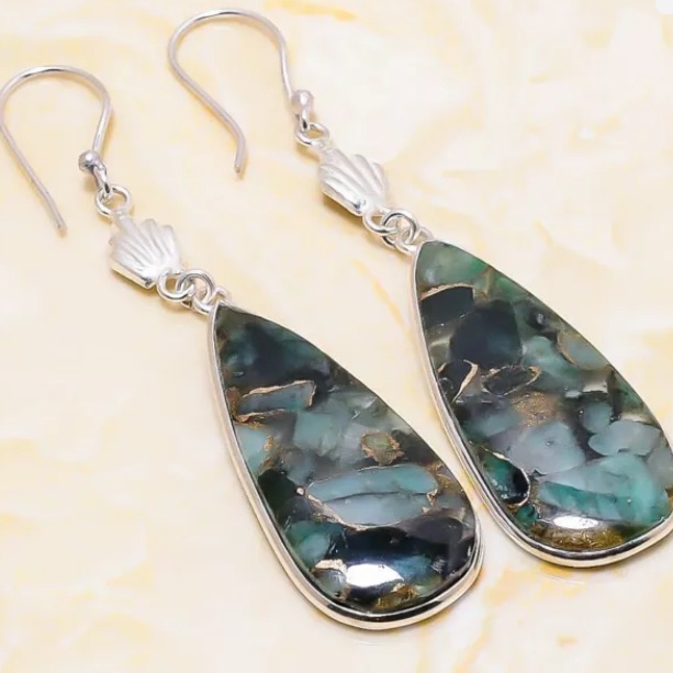 Genuine Emerald & Copper Handcrafted Earrings Sterling Silver 2 1/2 Inches